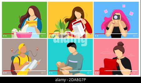 Bloggers making food and beauty lifestyle content on video player. Social media unpacking and travel influencer vloggers channel set. Online education and fashion streaming tutorials and review vector Stock Vector
