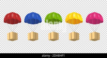 Vector 3d Realistic Parachute with Paper Cardboard Box Set Isolated on Transparent Background. Design Template for Delivery Services, Post, E-Commerce Stock Vector