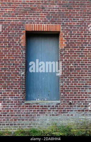 Parallel shot of a blue wooden door and a weathered red brick wall with some bricks overgrown with moss, use as texture reference for a game asset Stock Photo