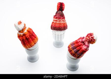 three egg heads in egg cup in a discussion, dressed with a red orange wool beanie on a dark grey background and white table, use for easter greeting c Stock Photo