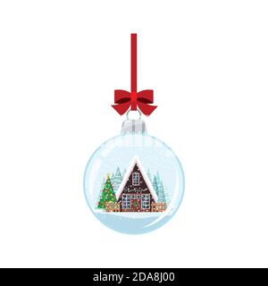 Christmas ball with decorated house and xmas tree isolated on white background. Stock Vector