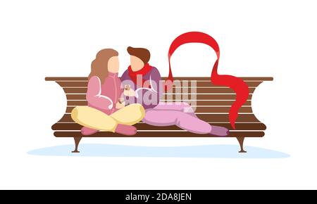Couple in love sits on park bench. Young loving girl hugs guy in long red scarf. Man and woman romantic relationship vector isolated illustration Stock Vector