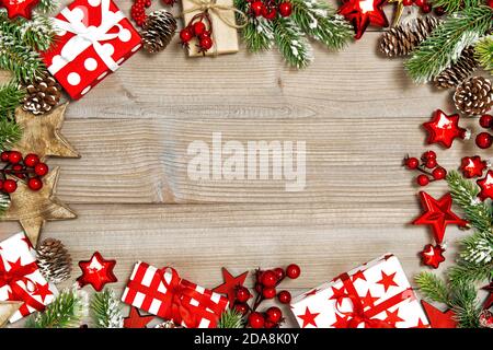 Christmas ornaments, gift boxes and decorations. Holidays background Stock Photo
