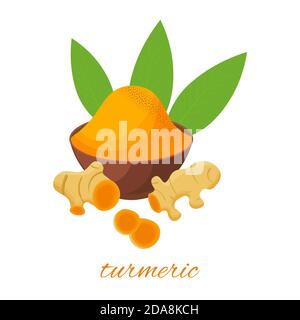 Turmeric root, leaves and powder in ceramic plat, isolated on white background. Vector cartoon illustration. Stock Vector