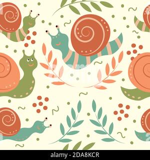 Seamless pattern of cute snails on light background. Vector cartoon illustration. Stock Vector