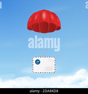 Vector 3d Realistic Flying Red Parachute with Paper Envelope on Blue Sky Background. Delivery and Post Concept. Design Template for E-Commerce, Web Stock Vector