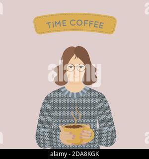 Woman drinking hot coffee from cup. Vector illustration in flat cartoon style. Stock Vector