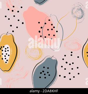 Seamless pattern with papaya fruit in scandinavian style, abstract elements, hand drawn brush on pink background. Vector cartoon illustration. Stock Vector