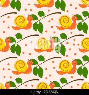 Seamless pattern of cute snails on pink background. Vector cartoon illustration. Stock Vector