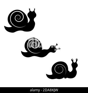 Snail animal black silhouette. Isolated on white background. Vector flat illustration. Stock Vector