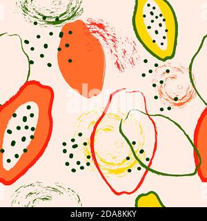Seamless pattern with papaya fruit and abstract elements, hand drawn brush on pink background. Vector cartoon illustration. Stock Vector