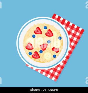 Granola, banana, strawberries, blueberries in bowl on a red checkered napkin. Muesli fruits healthy natural breakfast. Healthy food, oat flakes Stock Vector