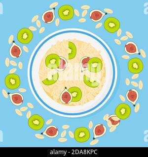 Granola, fig, kiwi in bowl on blue background. Muesli fruits healthy natural breakfast. Healthy food, oat flakes, vector cartoon illustration. Stock Vector
