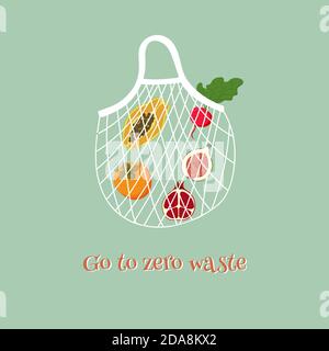 Eco bag with element go to zero west, with fruits and vegetables. Food concept, vector cartoon illustration. Stock Vector