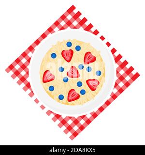 Granola, strawberries, blueberries in bowl on a red checkered napkin. Muesli fruits healthy natural breakfast. Healthy food, oat flakes, vector Stock Vector