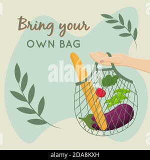 Eco bag with element bring your own bag, with fruits and vegetables. Zero waste food concept, vector cartoon illustration. Stock Vector