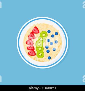 Granola, strawberries, blueberries, kiwi in bowl on blue background Muesli fruits healthy natural breakfast. Healthy food, oat flakes, vector cartoon Stock Vector