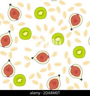 Seamless pattern with granola, muesli, fig, kiwi on white background. Healthy food, oat flakes, vector cartoon illustration. Stock Vector