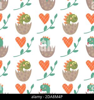 Seamless pattern with cute dinosaurs with hearts and leaves on white background. Vector cartoon illustration. Stock Vector