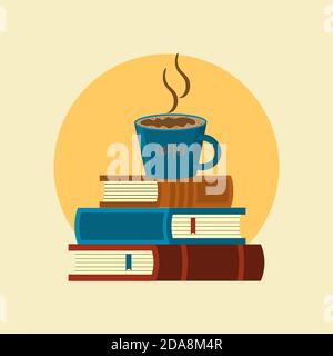 Stack of books and coffee in cup. Vector illustration in flat style. Stock Vector