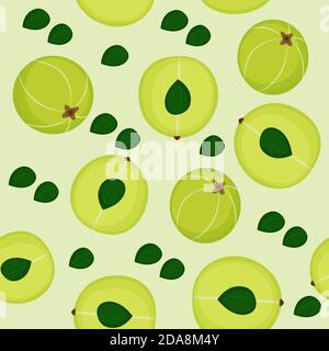 Seamless pattern with amla, indian gooseberry on green background. Cosmetics, ayurvedic and medical plant. Vector cartoon illustration. Stock Vector