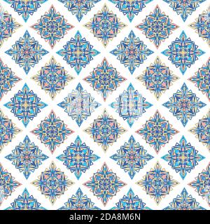 Seamless tile background, blue, white, orange Arabic, Indian patterns, Mexican talavera tiles Stock Vector