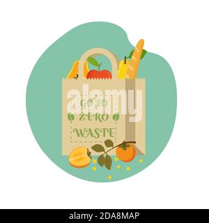 Eco paper bag with element go to zero west, with fruits and vegetables. Organic products from the farm. Food concept, vector cartoon illustration. Stock Vector