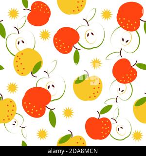 Seamless pattern with fruit red and yellow apples, on white background. Vector cartoon illustration. Stock Vector