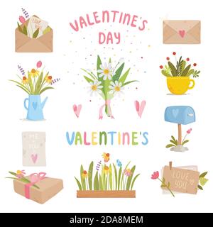 Valentines day cute vector illustrations, floral wreath and hand drawn lettering typography set.Love birds couple, roses flowers, stickers, heart Stock Vector