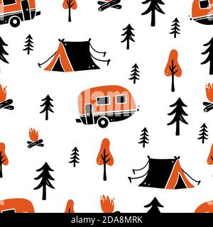 Set of hand drawn seamless pattern tourism and camping equipment. Doodle style illustration. Activity holiday, outdoor travel concept. Stock Vector