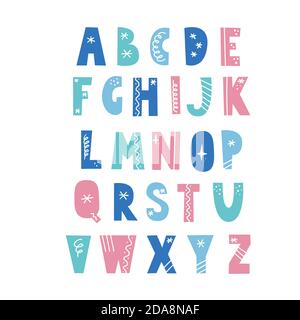 Alphabet in scandinavian style with christmas elements, snowflake, star, line. Christmas holiday font. Color letter. Stock Vector