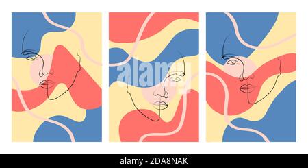 Abstract Contemporary collage with women face continuous line art. Vector portrait for beauty concept, t-shirt print, postcard, poster. Stock Vector