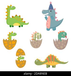 Set cute dinosaurs in style cartoon, isolated on white background. Vector flat illustration. Stock Vector