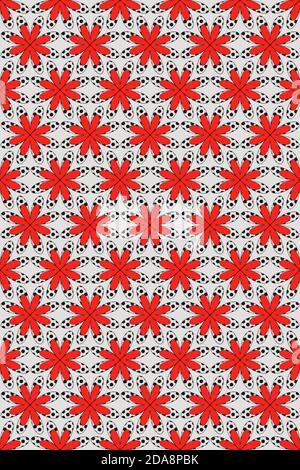 Geometric abstract floral seamless pattern. Stylish backdrop with black polka dot, red hearts. Ladybug concept. Light gray color background is easy to Stock Vector