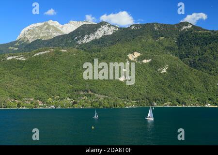 Sailing on Lake Annecy in the Summer. Stock Photo