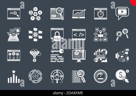Seo Thin Line Related Icons Set on Black Background. Stock Vector
