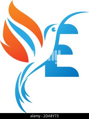 Letter E combined with the fire wing hummingbird icon logo design Stock Vector