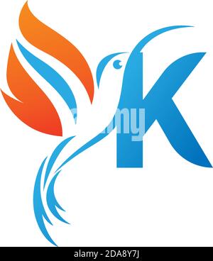 Letter K combined with the fire wing hummingbird icon logo design Stock Vector