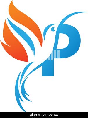 Letter P combined with the fire wing hummingbird icon logo design Stock Vector
