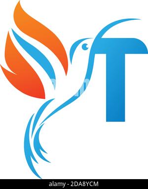 Letter T combined with the fire wing hummingbird icon logo design Stock Vector