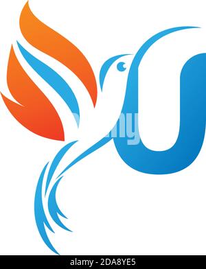 Letter U combined with the fire wing hummingbird icon logo design Stock Vector