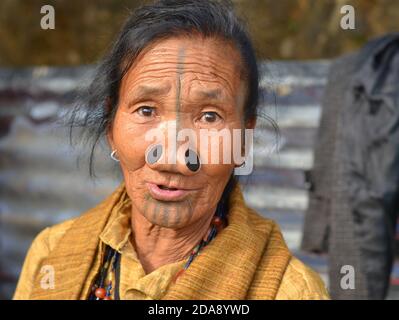 Apatani tribal woman with traditional yaping hullo (nose plugs) and ...