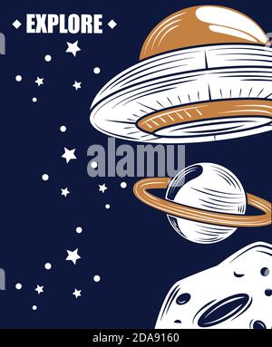 space galaxy explore moon planet and ufo badge vector illustration Stock Vector