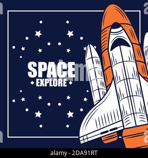 space explore spaceship starry blue background vector illustration Stock Vector