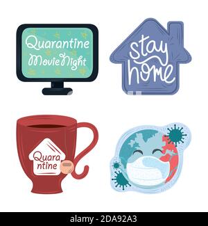 new normal, after coronavirus covid 19 stay home, quarantine, movie night icons vector illustration Stock Vector