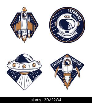 space explorer astronaut helmet, UFO and spaceship design badge icons vector illustration Stock Vector