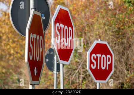 Several STOP signs side by side, traffic signs, Stock Photo