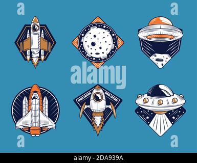 space badge icons collection include spaceship moon ufo on blue background vector illustration Stock Vector