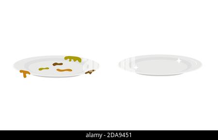 Dirty plate with scraps and leftover food and clean shiny plate isolated on white background. Dishes before and after washing. Vector illustration. Stock Vector