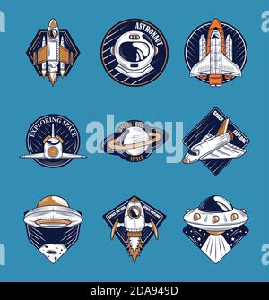 space badge or patches, galaxy exploration and astronaut mission icons vector illustration Stock Vector